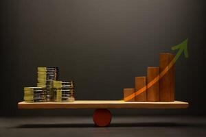Growth Investment concept with Coin money Stack and Wooden balanced on a scale, representing financial and Profitable portfolio, and wealth accumulation through strategic photo