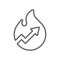 Trending Now Editable Stroke Icon. Outline Fire and Up Arrow Icon Representing Viral Trend, Hot Growth, and Popular Data in Thin Line Style for Business, Marketing, and Digital Media vector
