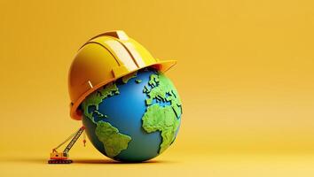 Protecting the Planet Earth Globe Wearing a Hard Hat with a Construction Crane Nearby photo