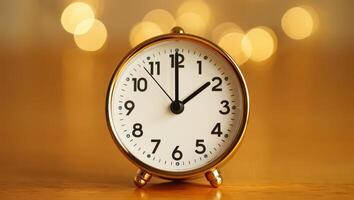 Golden Alarm Clock Showing Two O Clock with Bokeh Lights in the Background gold photo