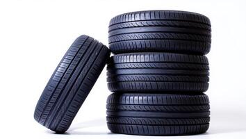 Stack of Four New Black Car Tires with One Tire Leaning Against the Stack photo