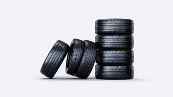 Stack of New Black Car Tires on a White Background Automotive Industry and Vehicle Maintenance photo