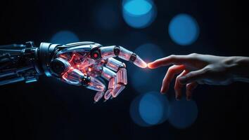 Human and Robot Hand Touching Fingers Representing Artificial Intelligence and the Future of Technology photo