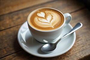 Close up of Latte Art in White Cup on Saucer with Spoon on Wood photo