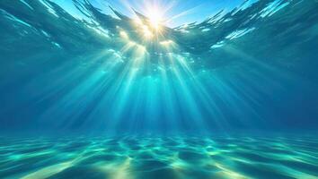 Sunlight Filtering Through Ocean Water Creates a Serene Underwater Scene with Sandy Seabed Sunbeams photo