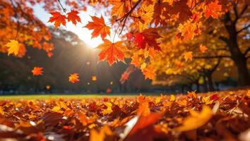 Golden Autumn A Serene Landscape of Falling Maple Leaves Bathed in Warm Sunlight and Vibrant Colors photo