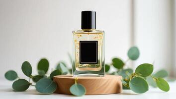 Elegant Perfume Bottle with Gold Flakes on Wooden Stand Surrounded by Eucalyptus Leaves clear photo