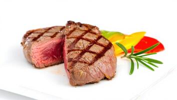 Perfectly Grilled Filet Mignon Steak Slices on a White Plate with Colorful Bell Peppers photo