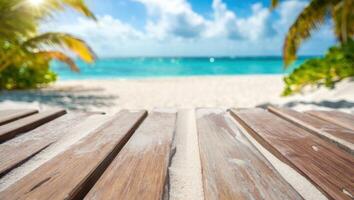 Tropical Beach Paradise View from Wooden Deck with Turquoise Water and Palm Trees on Sunny Day photo