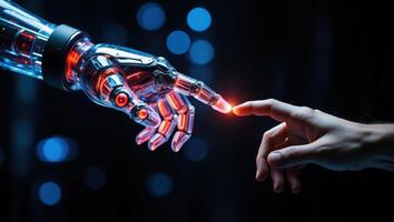 Futuristic Connection A Human Hand Touches a Glowing Robotic Finger Against a Dark Bokeh Background photo