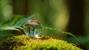 Forest Through a Lens Crystal Ball on Moss Reflecting Trees and Sky in Nature photo