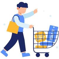 Happy shopper pushes a cart filled with discount tags and sale items while enjoying an exciting online shopping experience vector