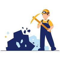 A determined miner in safety gear uses a pickaxe to dig through rock layers, representing labor and exploration vector