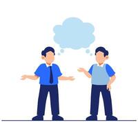 Two Men Engaging in Thoughtful Conversation with a Light Blue Thought Bubble Above vector