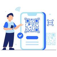 Person showing QR code on smartphone to highlight seamless access and interaction in mobile technology vector