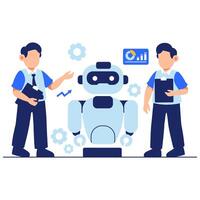 Business professionals collaborate with an intelligent robot in a tech driven modern workspace environment vector