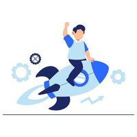 Joyful young boy riding a rocket with gears and arrows, symbolizing innovation, growth, and adventurous aspirations vector