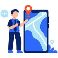 Man using digital map on smartphone showing navigation, location tracking, and route planning features vector