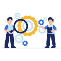 Two engineers engage in a discussion while analyzing gears and tools, symbolizing teamwork, creativity, and problem-solving in engineering vector