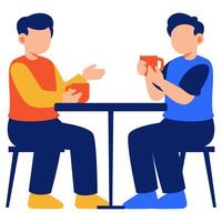 Two Friends Enjoying Coffee Together at a Table in a Cozy Modern Setting vector