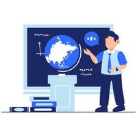 Enthusiastic Teacher Explaining Geography with Globe and Chalkboard in Classroom Scene vector