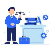 Professional lawyer holding justice scales with confidence in a bright modern office environment vector
