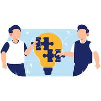 Collaborative Teamwork Building Innovative Business Ideas with Puzzle Lightbulb Concept vector