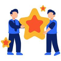Two people joyfully lifting a bright star together, representing teamwork, collaboration, and shared achievement vector