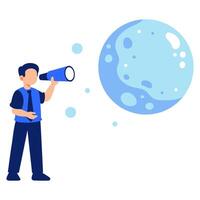 Curious person gazing at a cartoon moon through a telescope under a dreamy night sky full of imagination vector