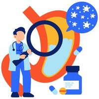 A focused illustration of a doctor examining medication and health data with a magnifying glass, representing research and healthcare analysis vector