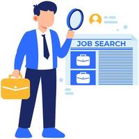 Professional job seeker examining new career opportunities using a magnifying glass with focus and determination for success vector