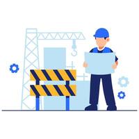 Construction Worker Reviewing Blueprints at an Active Building Zone vector