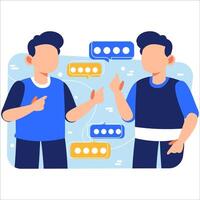 Two Friends Engaged in a Friendly and Lively Discussion with Colorful Speech Bubbles Representing Ideas and Communication vector
