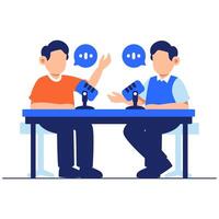 Lively podcast session with two hosts using microphones and speech bubbles in a modern discussion setting vector