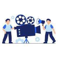 Creative Filmmakers with Vintage Camera and Megaphone Collaborating in Studio Setting vector
