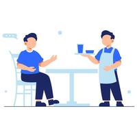 Friendly dining service experience between a smiling waiter and a relaxed customer at a cozy restaurant table vector