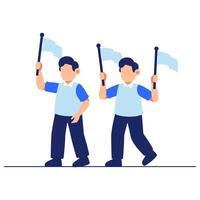 Two persons waving light blue flags with joy showing unity teamwork and youthful celebration in a lively outdoor environment vector