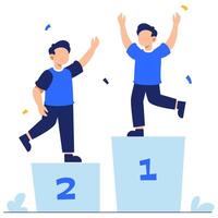 Two joyful boys standing on podiums with confetti flying around to celebrate success and youthful competition vector