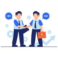 Two business professionals shake hands confidently with various business icons in the background, representing partnership, strategy, and success vector