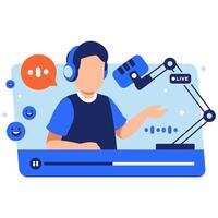 Podcast host actively engaging with microphone and headphones in a modern colorful studio environment vector
