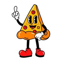 Cheerful cartoon pizza slice character in a playful pose radiating fun joy and quirky personality with colorful toppings vector