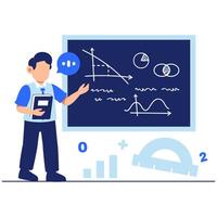 Engaging Teacher Explaining Concepts on Chalkboard with Graphs in a Modern Classroom Scene vector