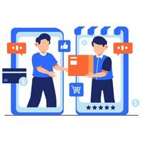 Seamless online shopping journey featuring delivery and mobile payment between connected users vector