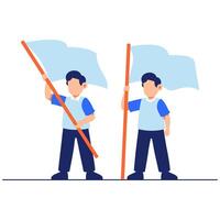 Two happy boys joyfully wave light blue flags, embodying teamwork, unity, and youthful celebration in a lively outdoor setting vector