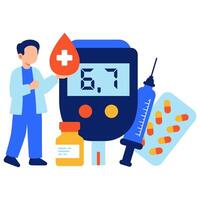 An informative illustration showing diabetes management with a blood sugar monitor, medications, and a syringe, emphasizing health and routine care vector