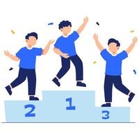 Joyful young athletes celebrating their triumph on a podium with confetti flying in a festive atmosphere vector