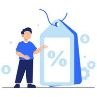 Cheerful young man showcasing a promotional price tag with enthusiasm in a bright and lively presentation vector