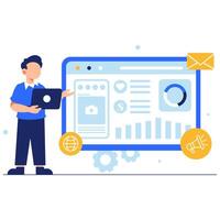 Illustration of a marketer analyzing data with digital tools, showcasing communication and visual strategies for growth vector