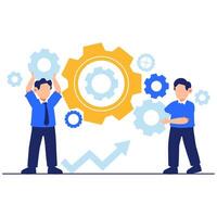 Two professionals work together adjusting gears, representing strategic teamwork, innovation, and productivity in business and engineering vector