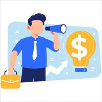 Visionary Businessman Using Telescope to Explore New Business Opportunities, Growth Strategies, and Financial Success in a Modern Workspace vector